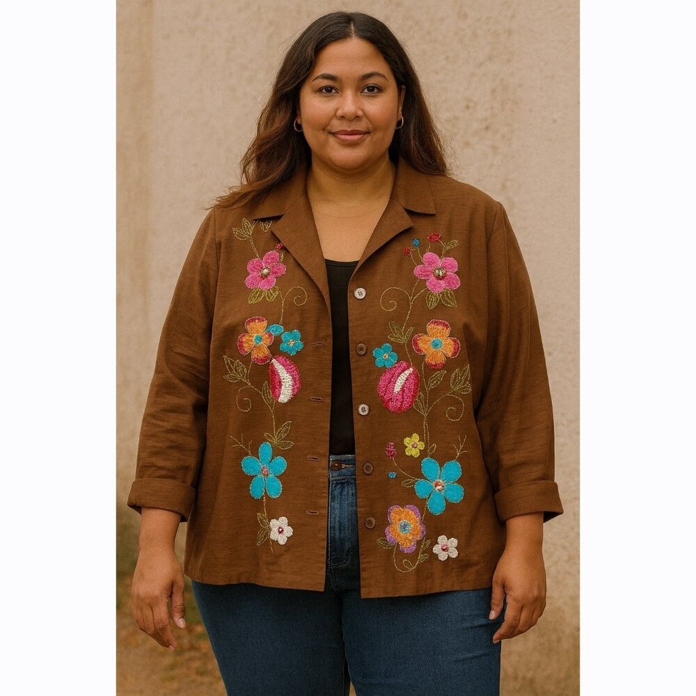Silkland Women’s 3X Silk Brown Floral Embroidered Blazer Artsy Quiet Luxury